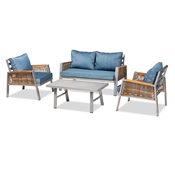 Baxton Studio Nicholson Modern and Contemporary Blue Fabric Upholstered and Grey Finished Metal with Brown Finished PE Rattan 4-Piece Outdoor Patio Lounge Set Baxton Studio restaurant furniture, hotel furniture, commercial furniture, wholesale outdoor furniture, wholesale patio furniture